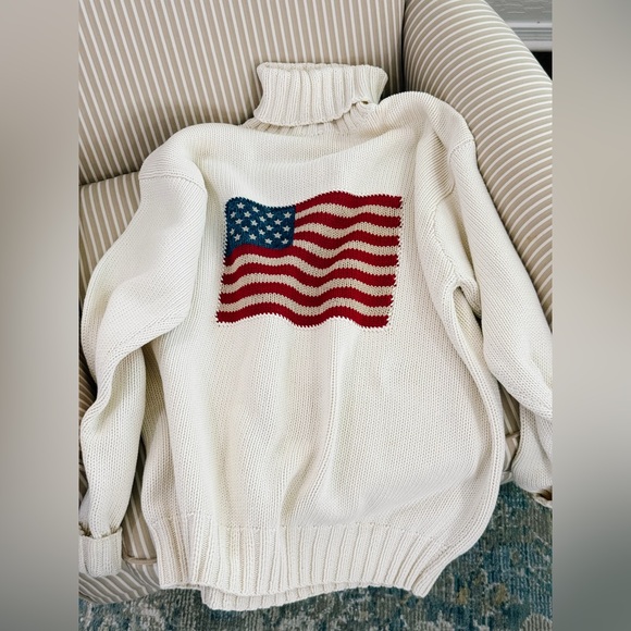 RARE 90s Vintage Ralph Lauren Cream Flag Turtleneck Sweater size M - Blue Tag - Picture 6 of 13